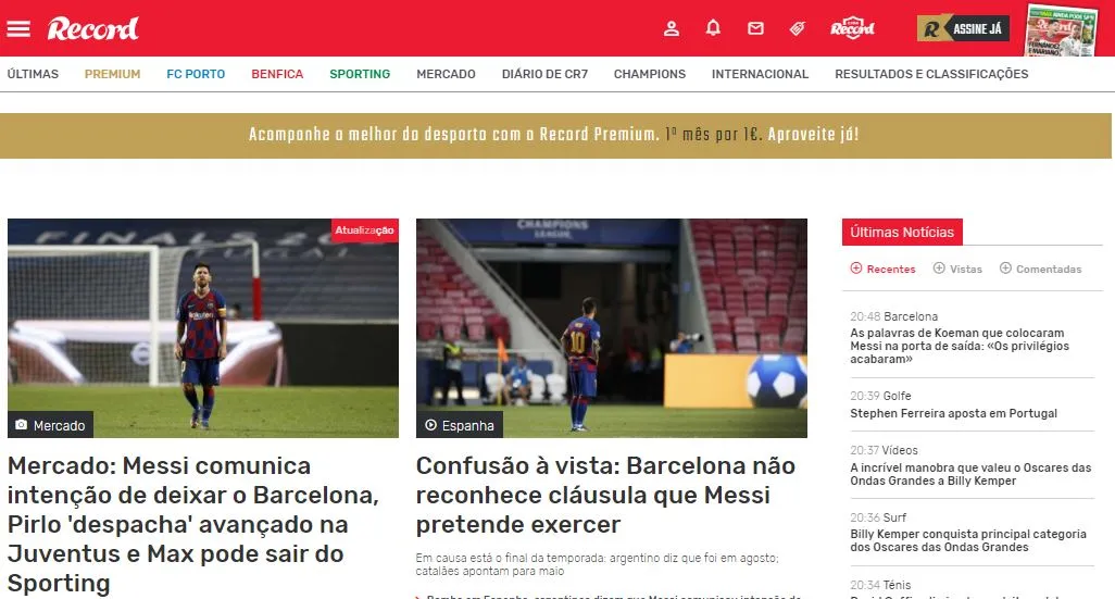 Portada en el portal de Record de Portugal