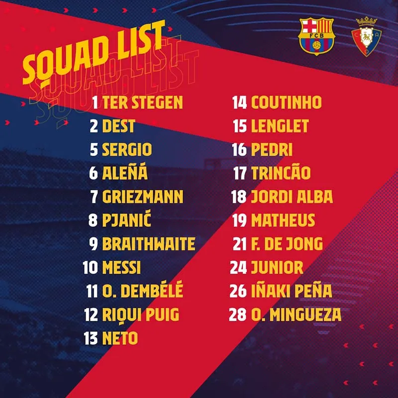 FACEBOOK @FCBARCELONA Así es la convocatoria del Barcelona para enfrentar al Osasuna