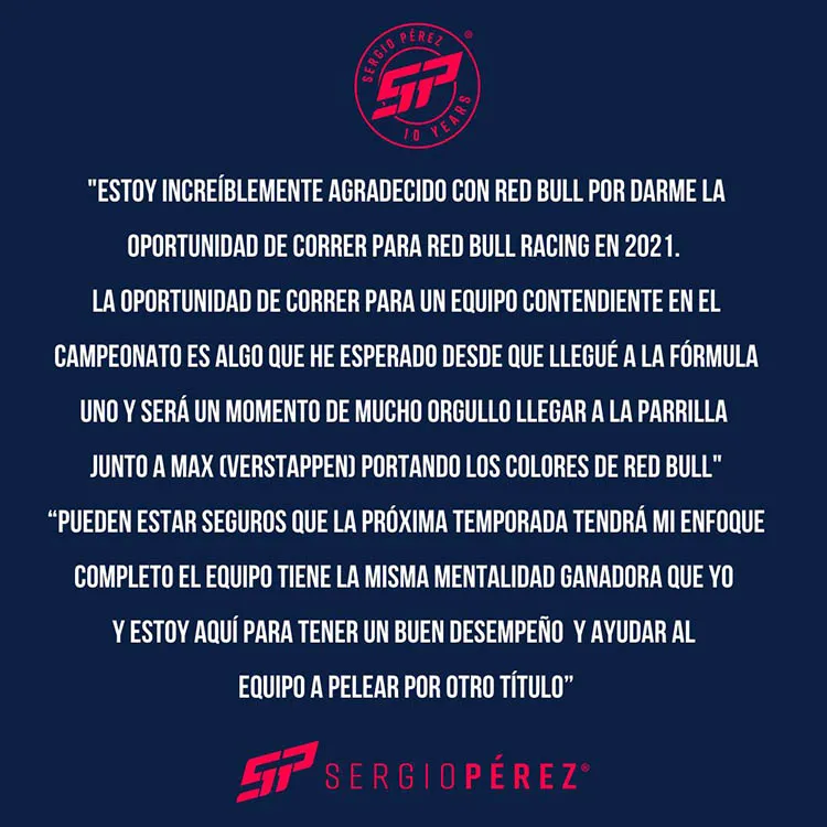 TWITTER @SCHECOPEREZ Primera reacción de Checo Pérez tras llegar a Red Bull