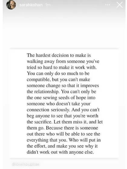 Historia de Sarah Kohan en sus redes sociales