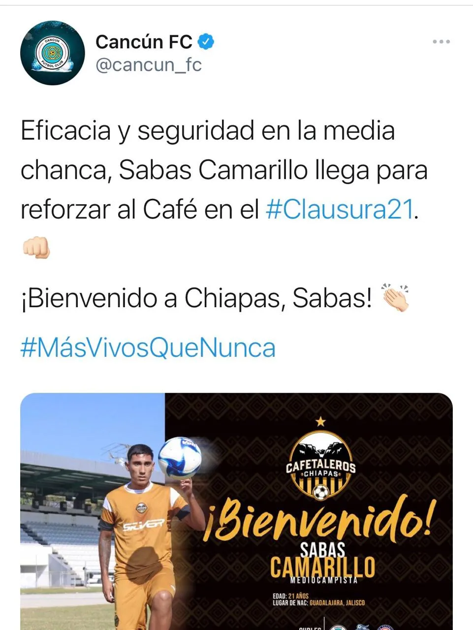 TWITTER @cancun_fc Sabas Camarillo presentado desde la cuenta de Cancún FC