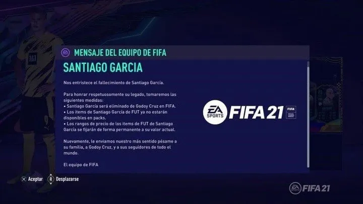 Mensaje emitido por EA Sports en FIFA 21