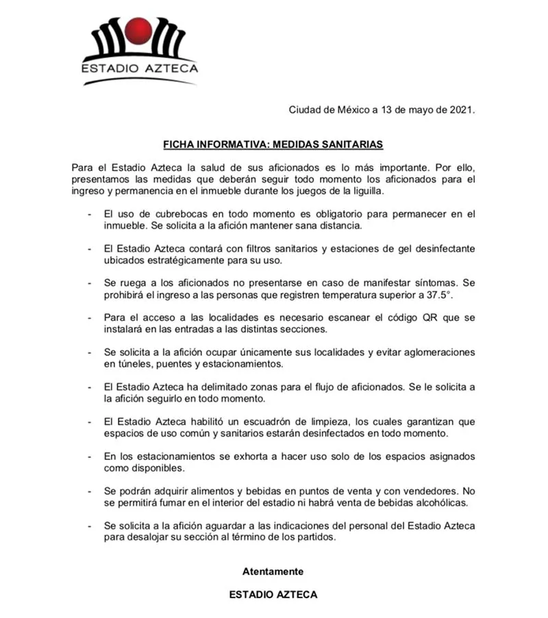 Medidas sanitarias para el regreso de los fans al Azteca