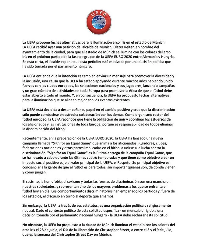 Comunicado de UEFA sobre el Allianz Arena