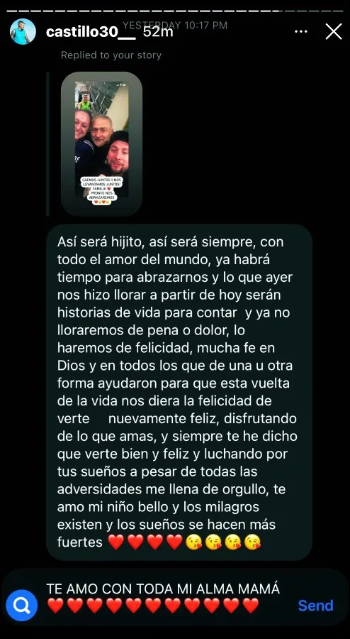 INSTAGRAM @CASTILLO30_ Mensaje de la madre de Nico Castillo