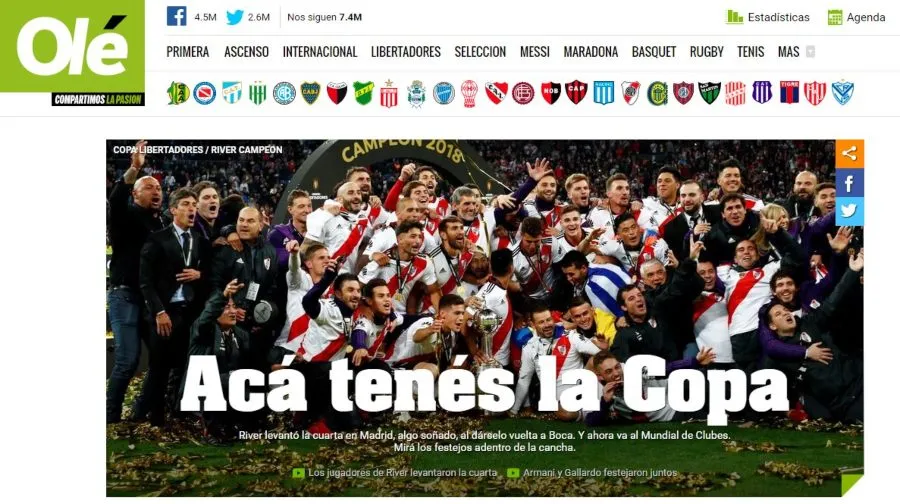 OLÉ Portada en el portal de Olé