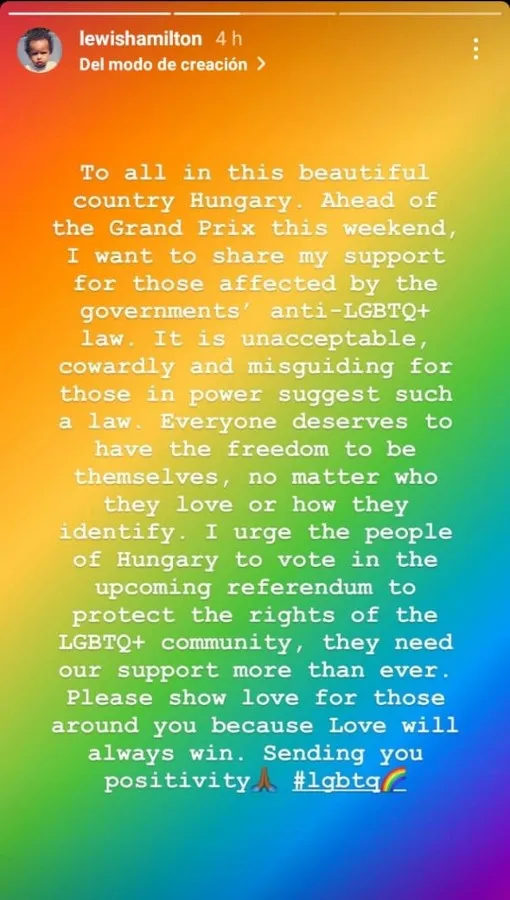 Mensaje de Lewis Hamilton en redes sociales