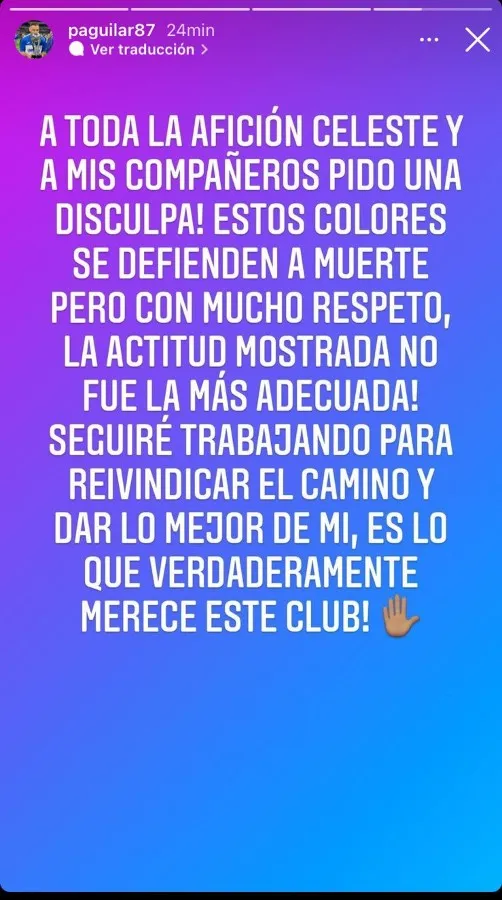 INSTAGRAM @PAGUILAR87 Disculpa de Pablo Aguilar en redes sociales