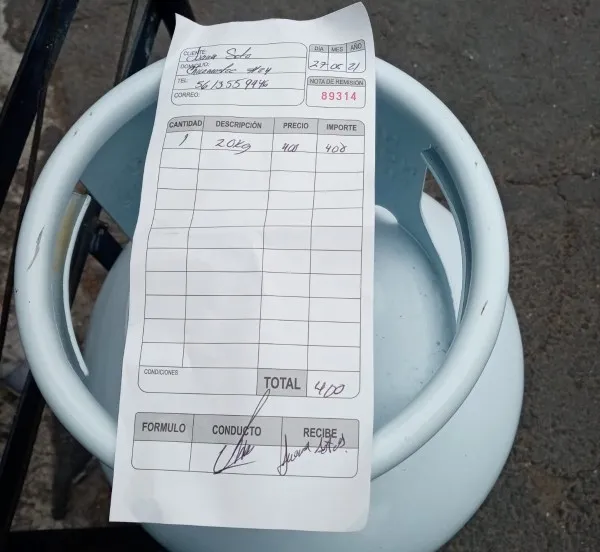Nota de remisión de un tanque de 20 kg del Gas Bienestar