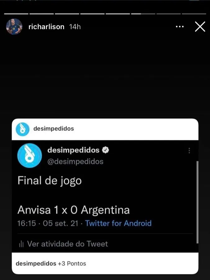 INSTAGRAM @RICHARLISON Mensaje de Richarlison en Instagram
