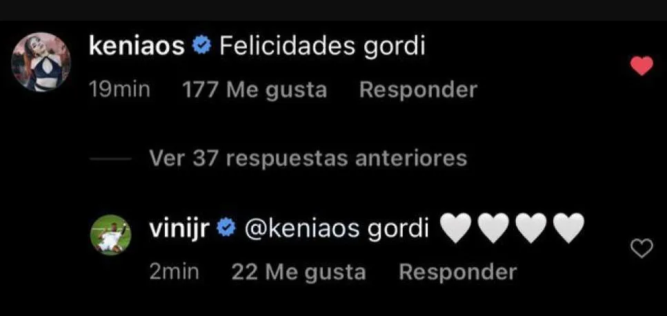 Instagram: @keniaos Kenia Os y Vinicius comentando en sus redes sociales