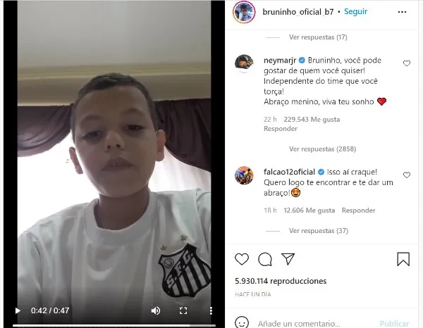 INSTAGRAM @bruninho_oficial_b7 Neymar comentó el posteo de Bruno do Nascimento