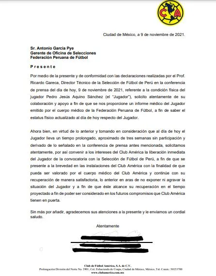Solicitud de las Águilas a la selección de Perú para el regreso de Aquino