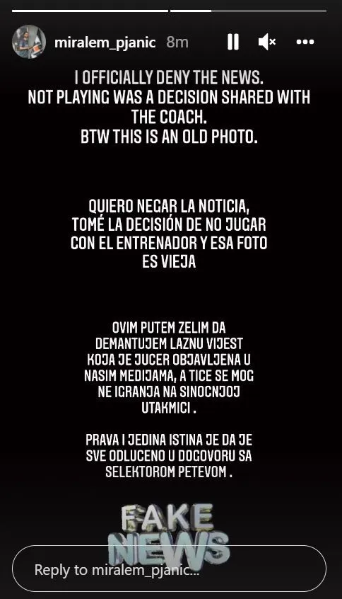 TWITTER | @FBOSNIO Historia de Instagram por parte de Miralem Pjanic