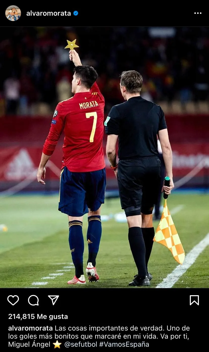INSTAGRAM | @ALVAROMORATA Álvaro Morata dedicándole gol a Miguel Ángel