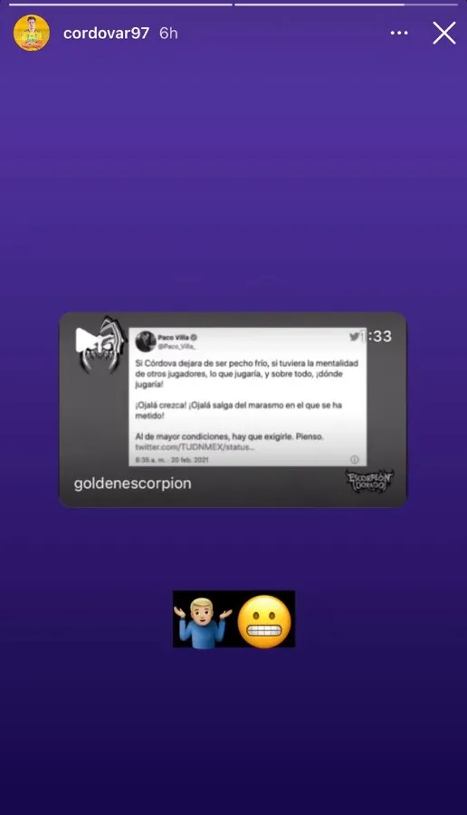 Mensaje de Córdova en Instagram