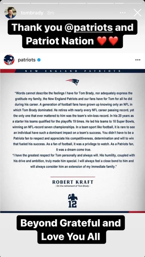 INSTAGRAM @TOMBRADY Agradecimiento de Tom Brady en Instagram