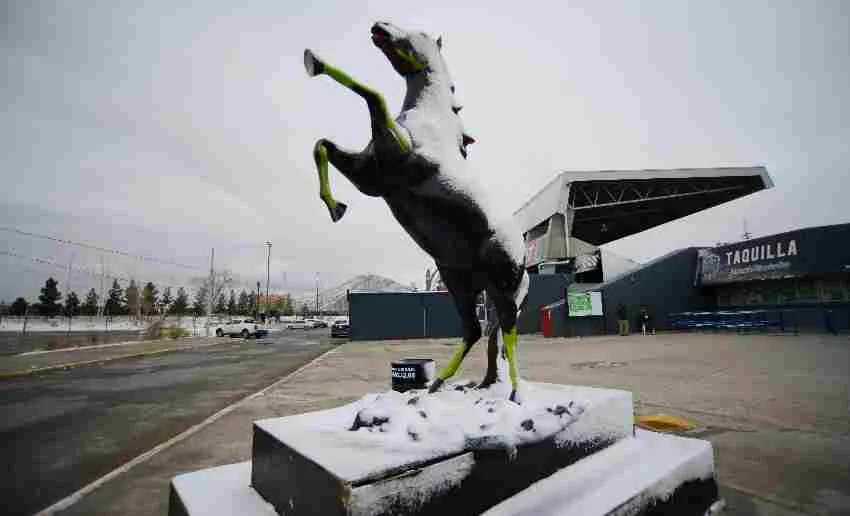 Estatuas afuera del estadio también tienen nieve
