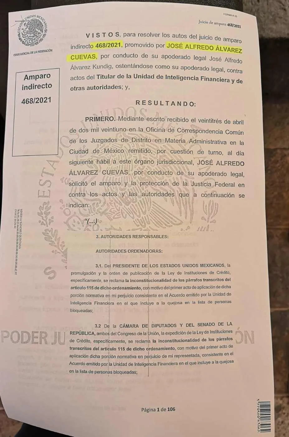 ESPECIAL Juicio de amparo indirecto promovido por José Alfredo Álvarez Cuevas