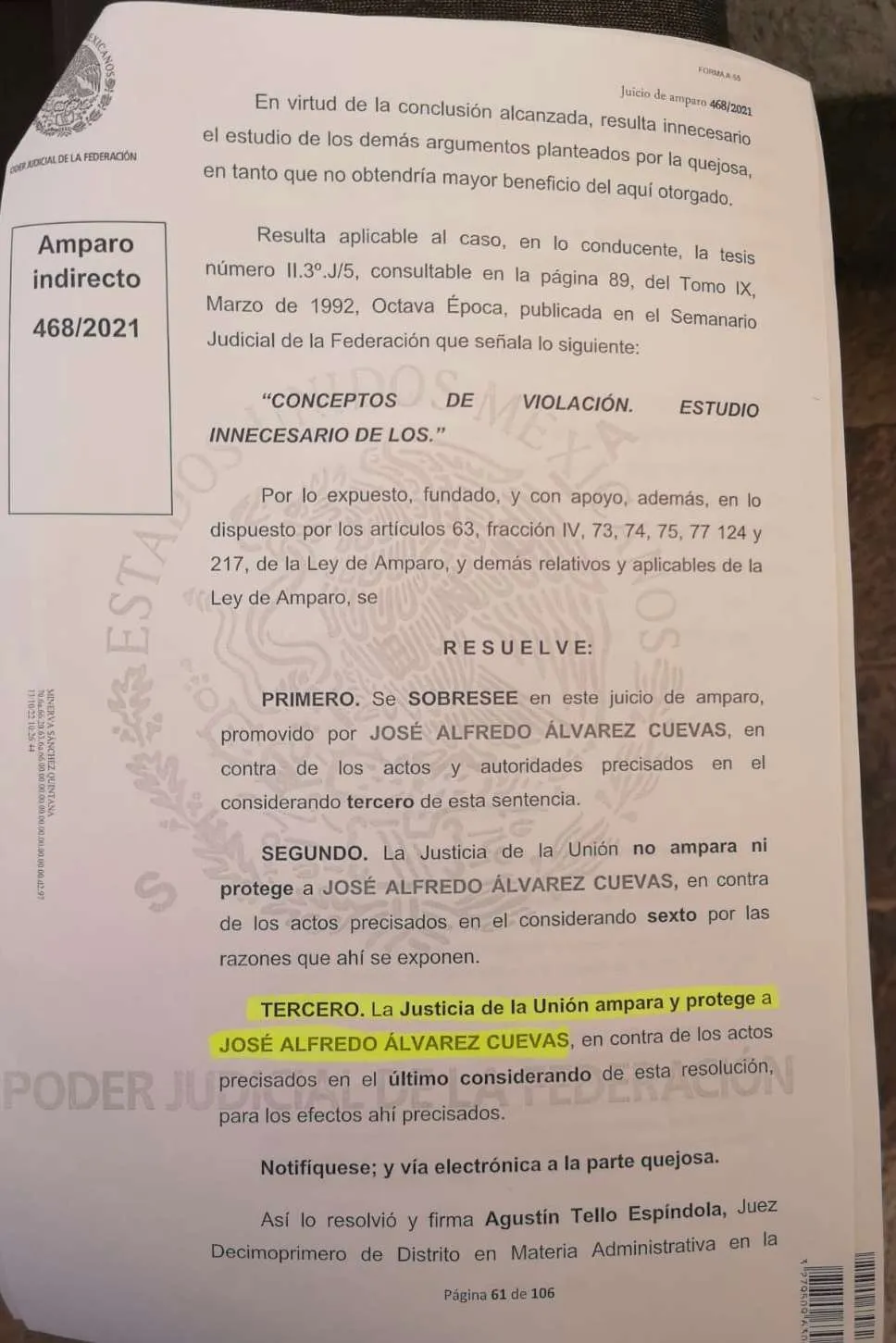 ESPECIAL Juicio de amparo indirecto promovido por José Alfredo Álvarez Cuevas