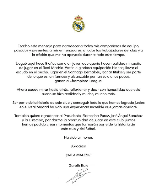 Carta de Gareth Bale al Real Madrid y su afición