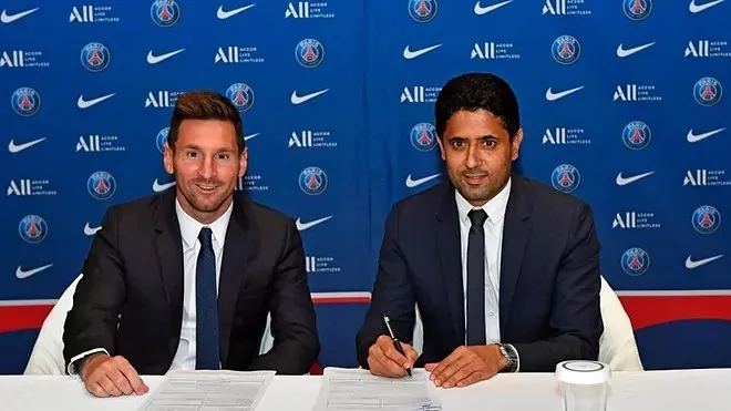 Messi y Al Khelaifi, el día de la presentación del argentino con el PSG