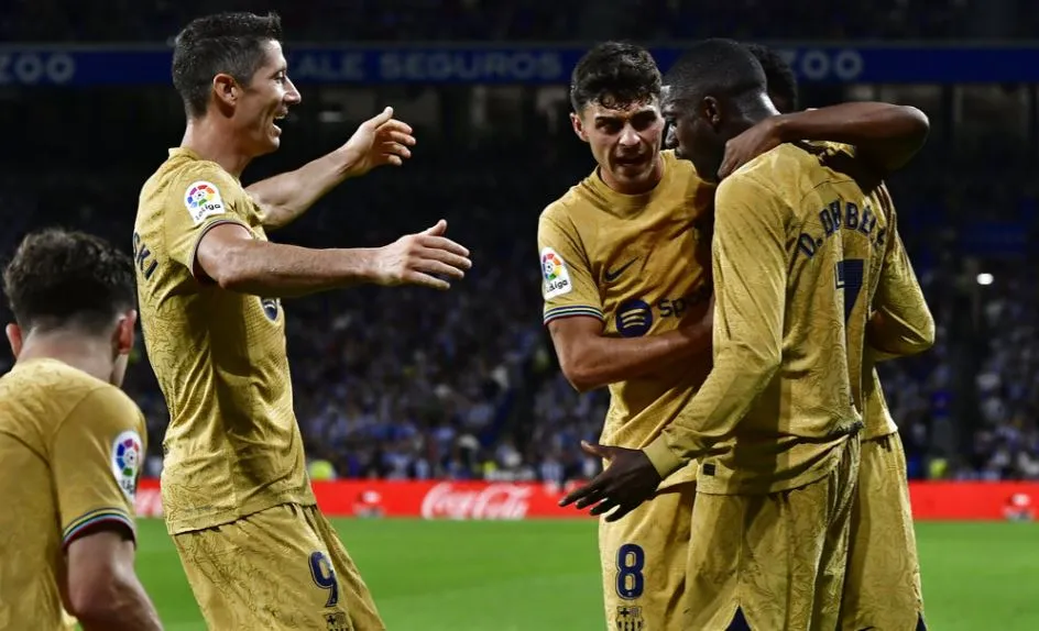 AP Jugadores del Barcelona, en festejo de gol