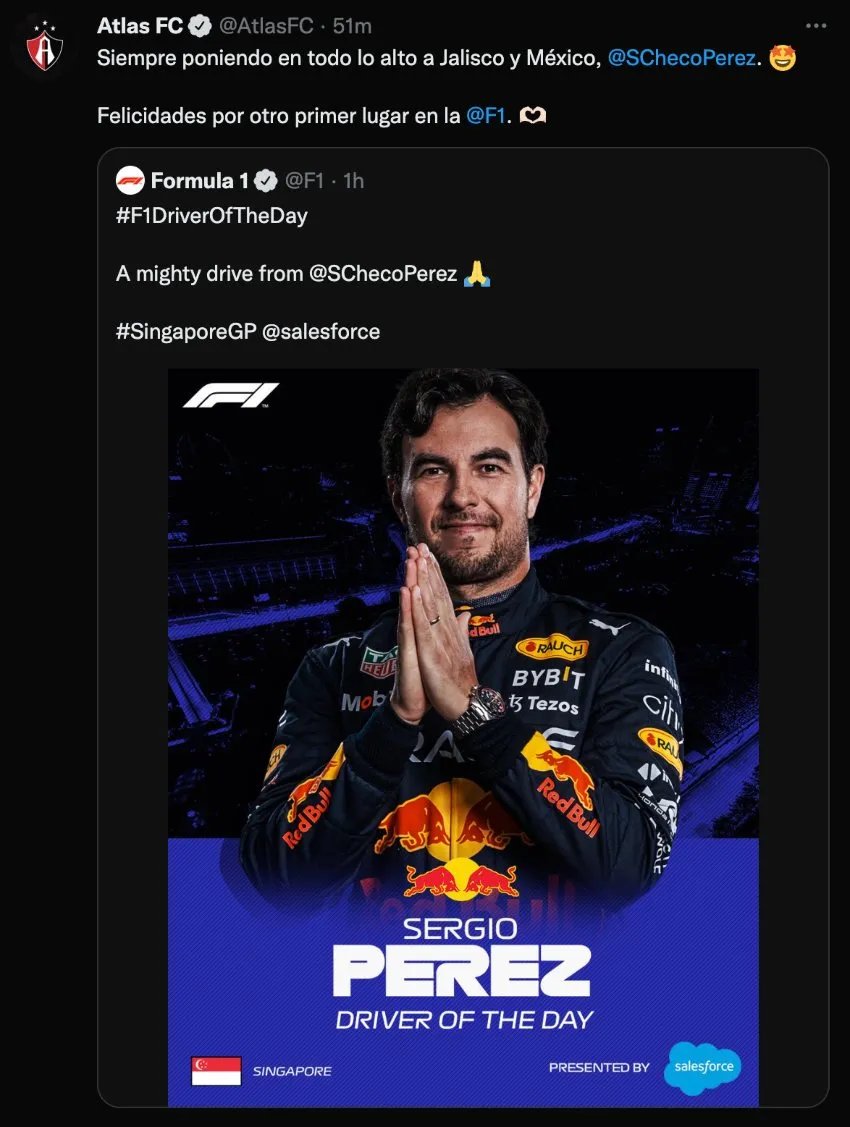 Mensaje de Atlas a Checo Pérez