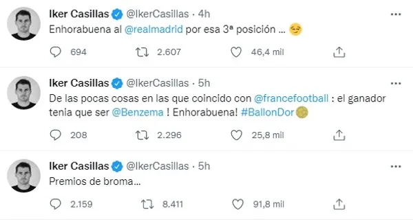 Iker Casillas en Twitter sobre el Balón de Oro
