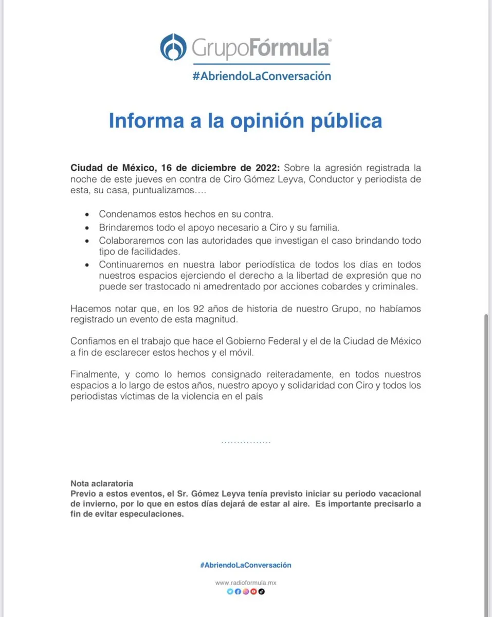 ESPECIAL Comunicado oficial del medio de comunicación