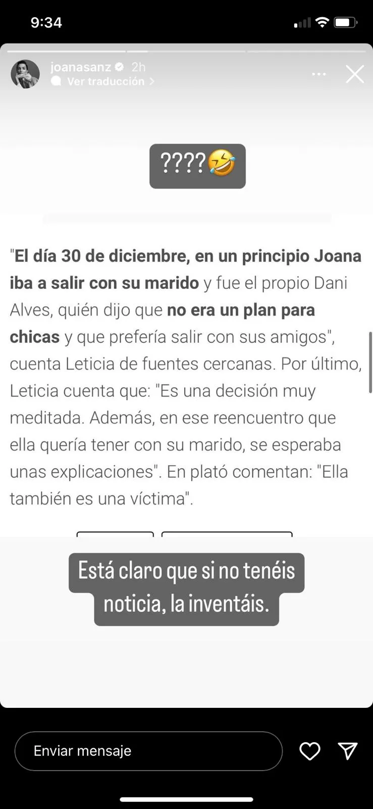 Joana Sanz desmiente que este del lado de la víctima