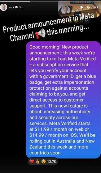 @ZUCK Anunció la medida en redes sociales