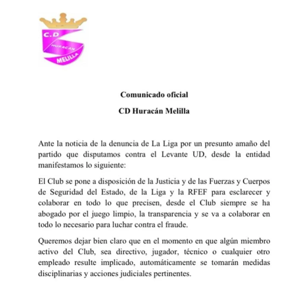 Huracán Melilla sacó un comunicado