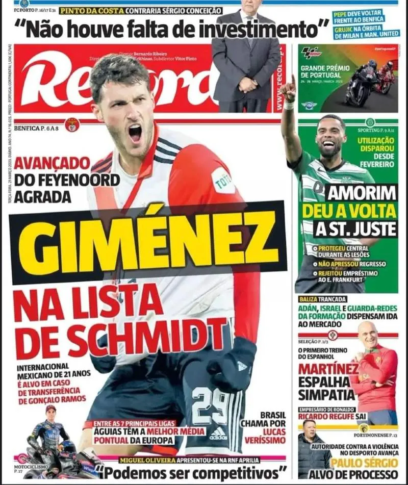 Santiago Giménez se roba las portadas en Portugal