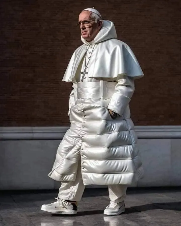 El Papa Francisco caminando mientras viste una chamarra Puffer