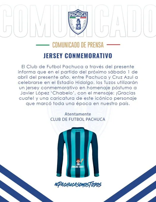 Comunicado de Pachuca sobre jersey de Chabelo