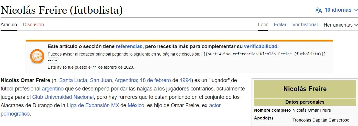 La biografía de Nico Freire en Wikipedia fue modificada