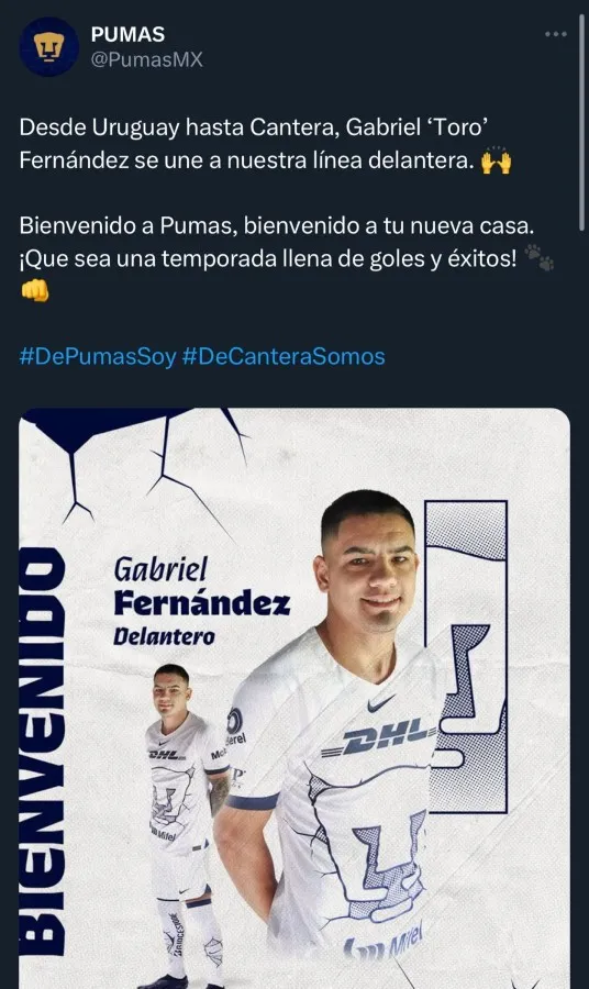 CAPTURA DE PANTALLA: TWITTER Pumas hace oficial la llegada de Gabriel Fernández