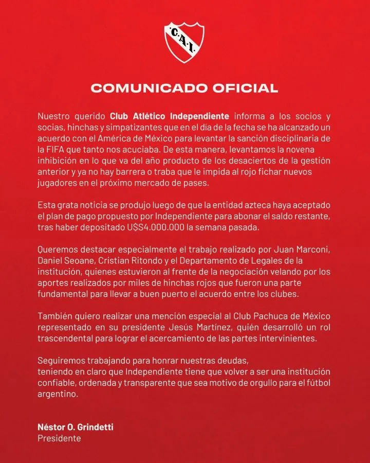 Comunicado de Independiente