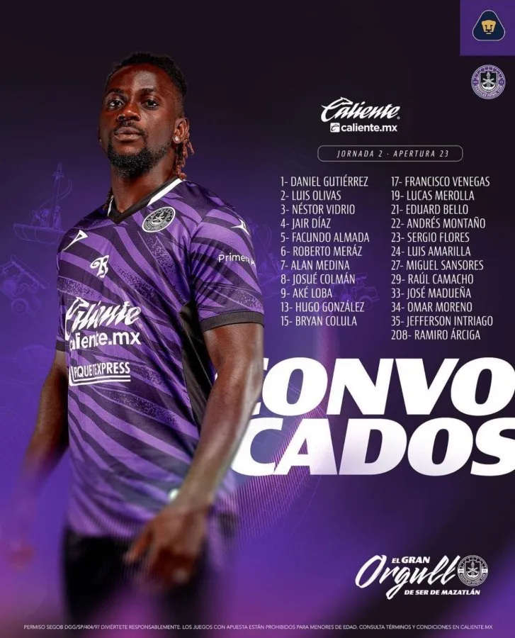 INSTAGRAM: @mazatlanfc Convocados del Mazatlán contra Pumas