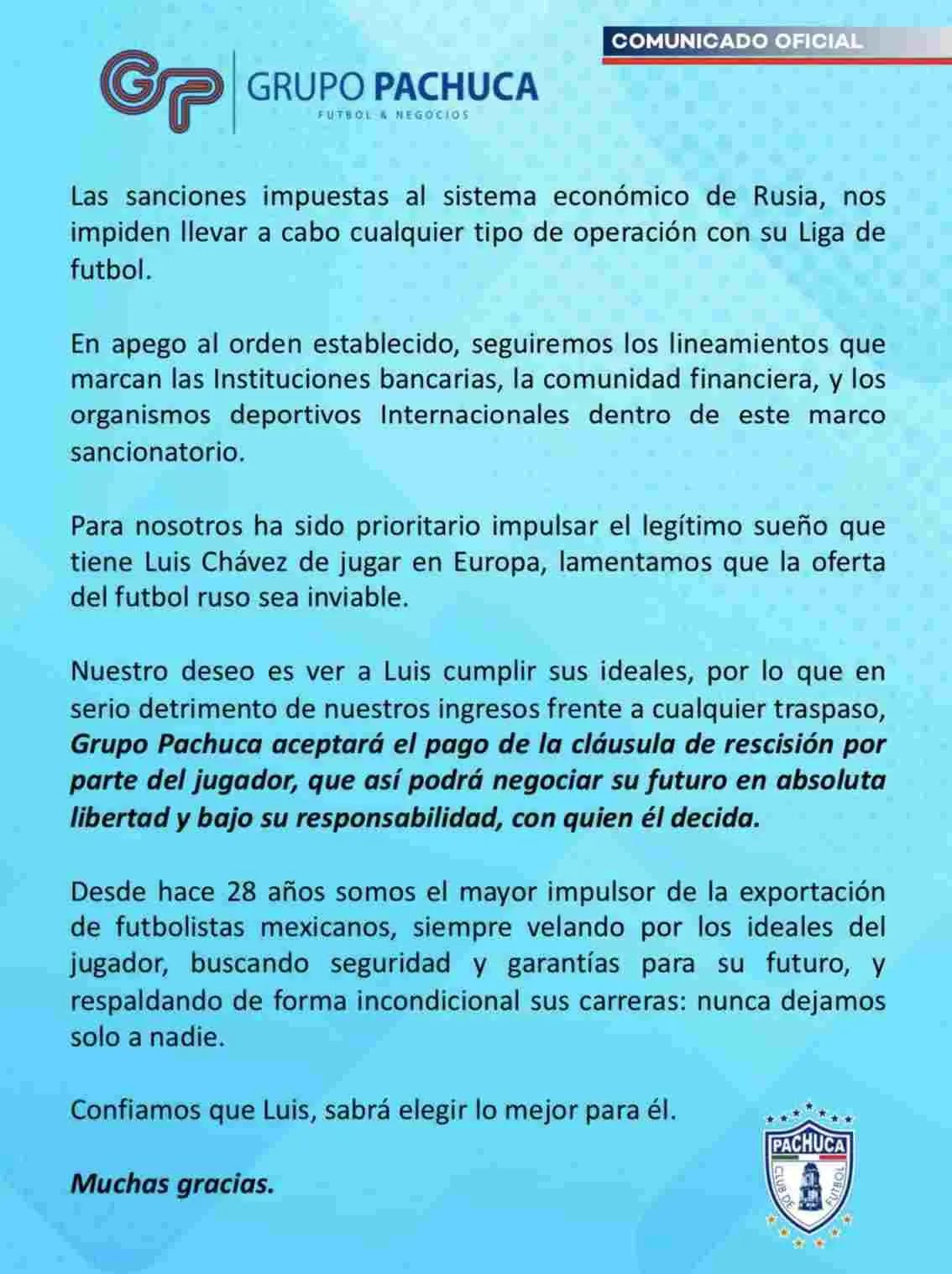Este es el comunicado que emitió el Club Pachuca