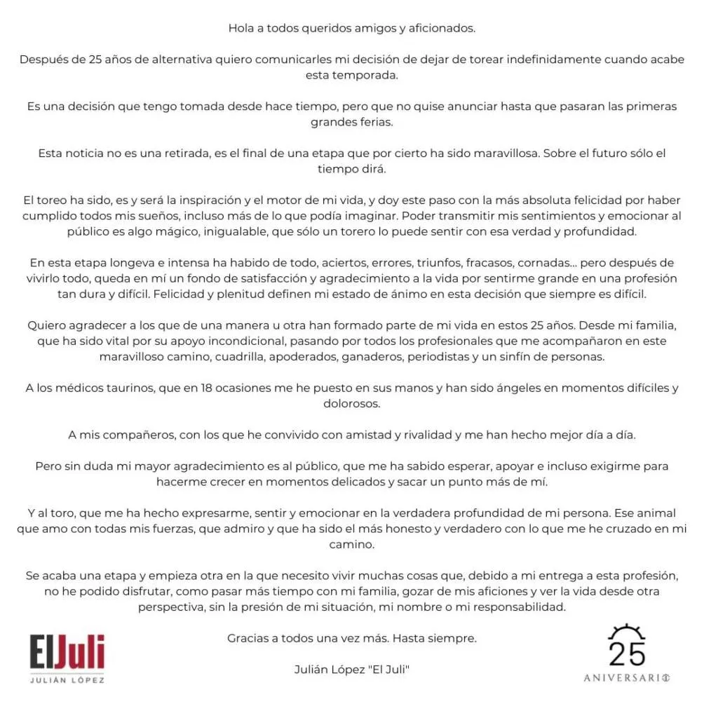 IG | @ELJULIOFICIAL Este es el comunicado de su decisión