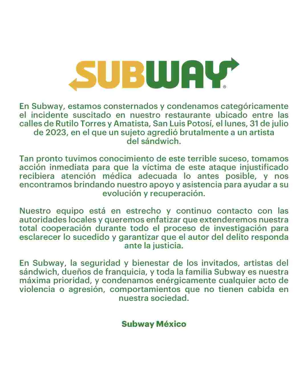TWITTER: @subwaymexico El comunicado que liberó Subway