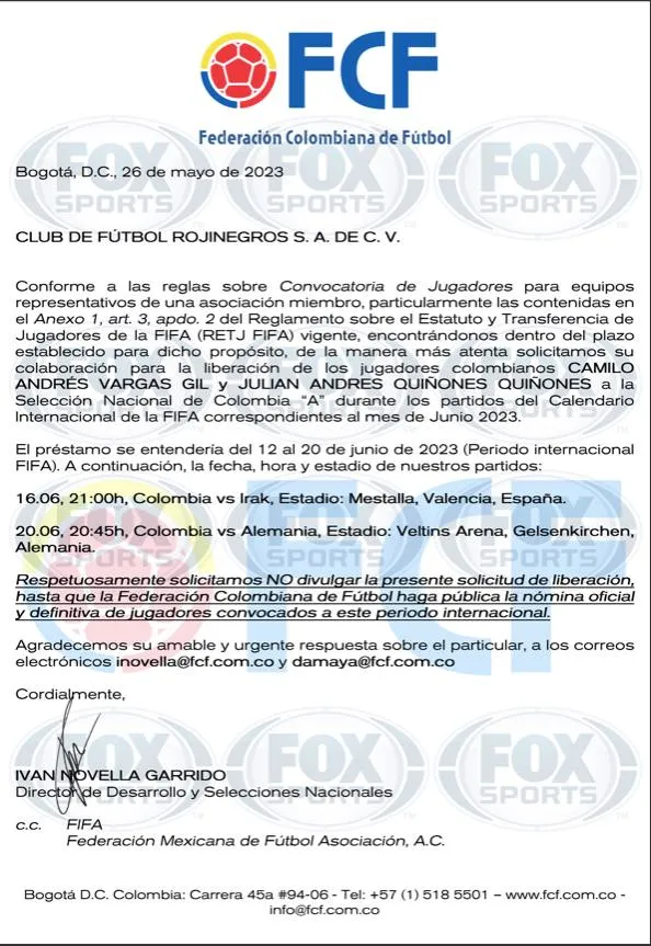 Esta es la carta donde Colombia solicitó a Quiñones el pasado mes de mayo