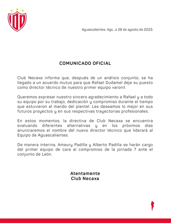 TWITTER: @ClubNecaxa Comunicado del Club Necaxa