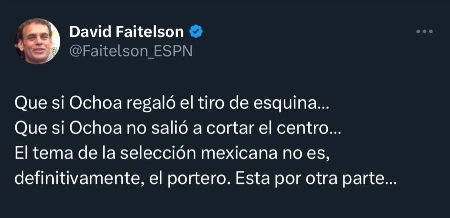 CAPTURA DE PANTALLA: TWITTER David Faitelson 'defendió' a Memo Ochoa