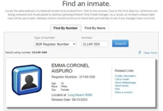 La oficina de Prisiones de Estados Unidos confirmó que Coronel será liberada el miércoles