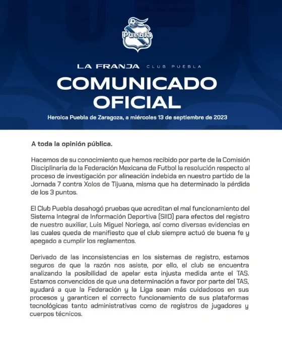 Comunicado Puebla tras sanción por alineación indebida