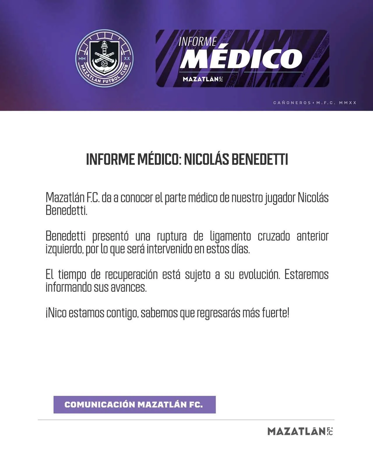 El comunicado donde Mazatlán informa la lesión del cafetalero