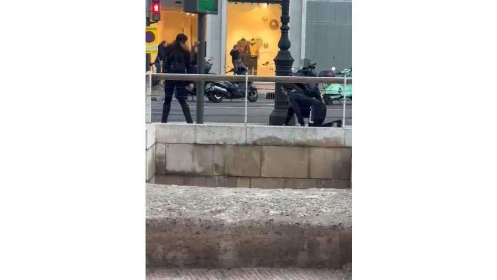 La mujer paseó con una correa a su 'perro humano' por las calles de Valencia.